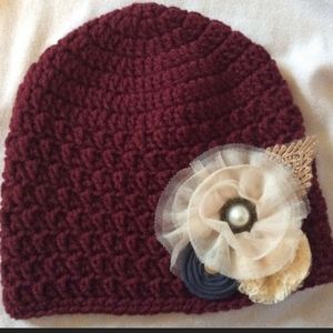 Hand crochet ladies burgundy beanie with navy and cream flowers